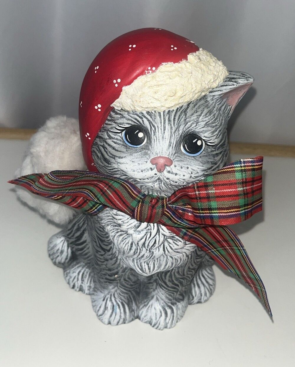Christmas Gray Cat With Santa Hat Hand Painted Ceramic 9” Tall Unbranded S Crack